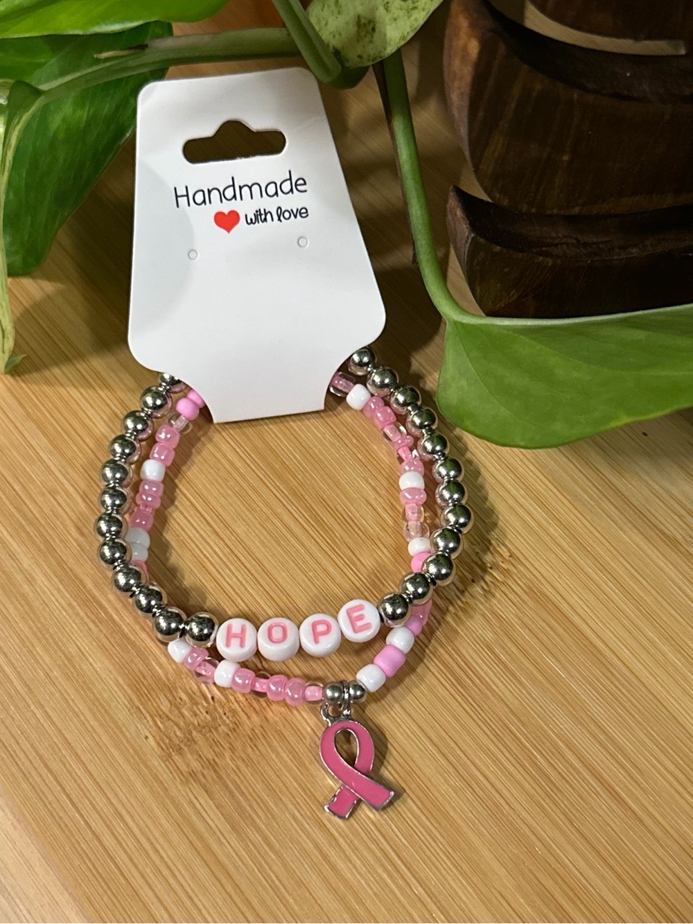 🎀Breast‎ Cancer Awareness 2-PC Stretchy Bracelet Set | Handmade |Dangle Charm🎀